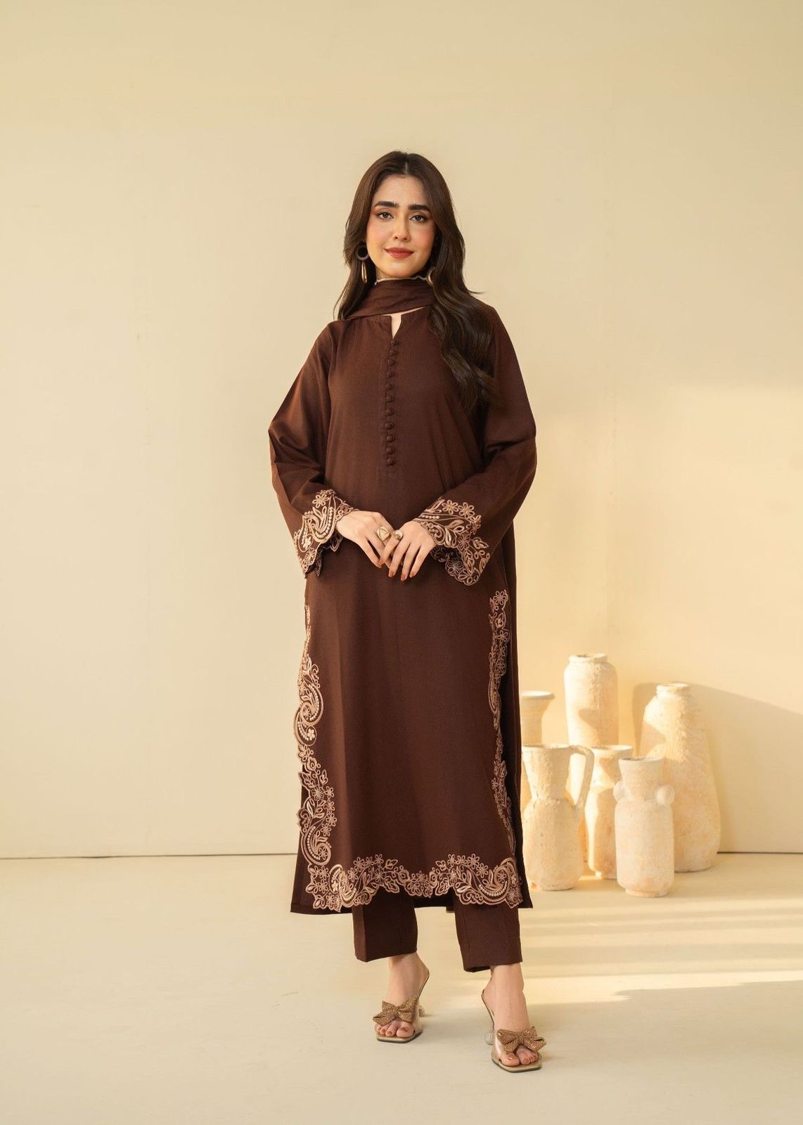Buy Brown Embroidered 3 pc