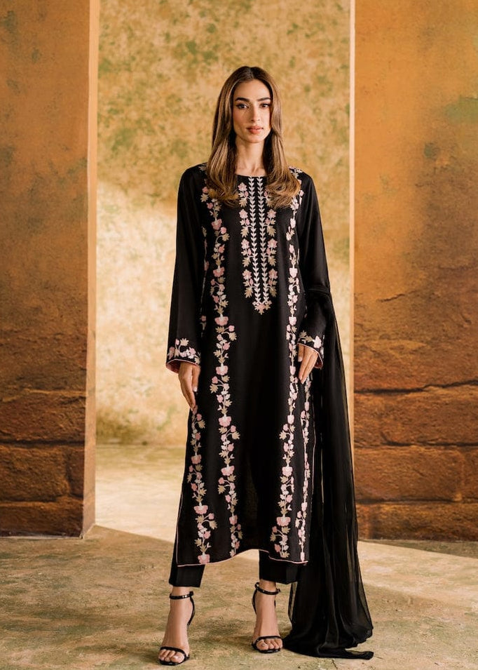 Dark Rose Black Embroidered 3 pc