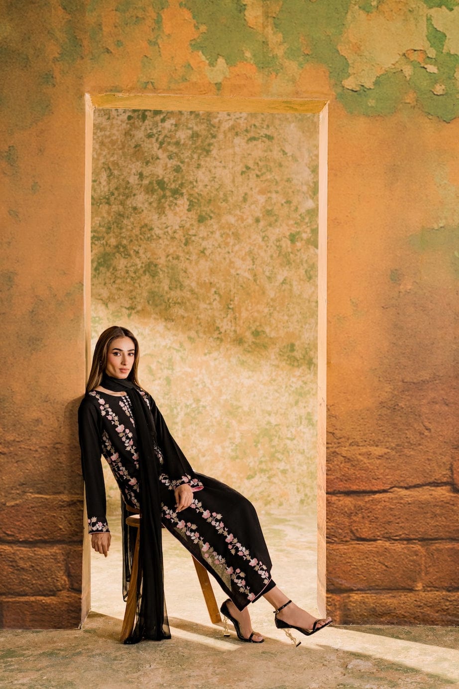 Dark Rose Black Embroidered 3 pc