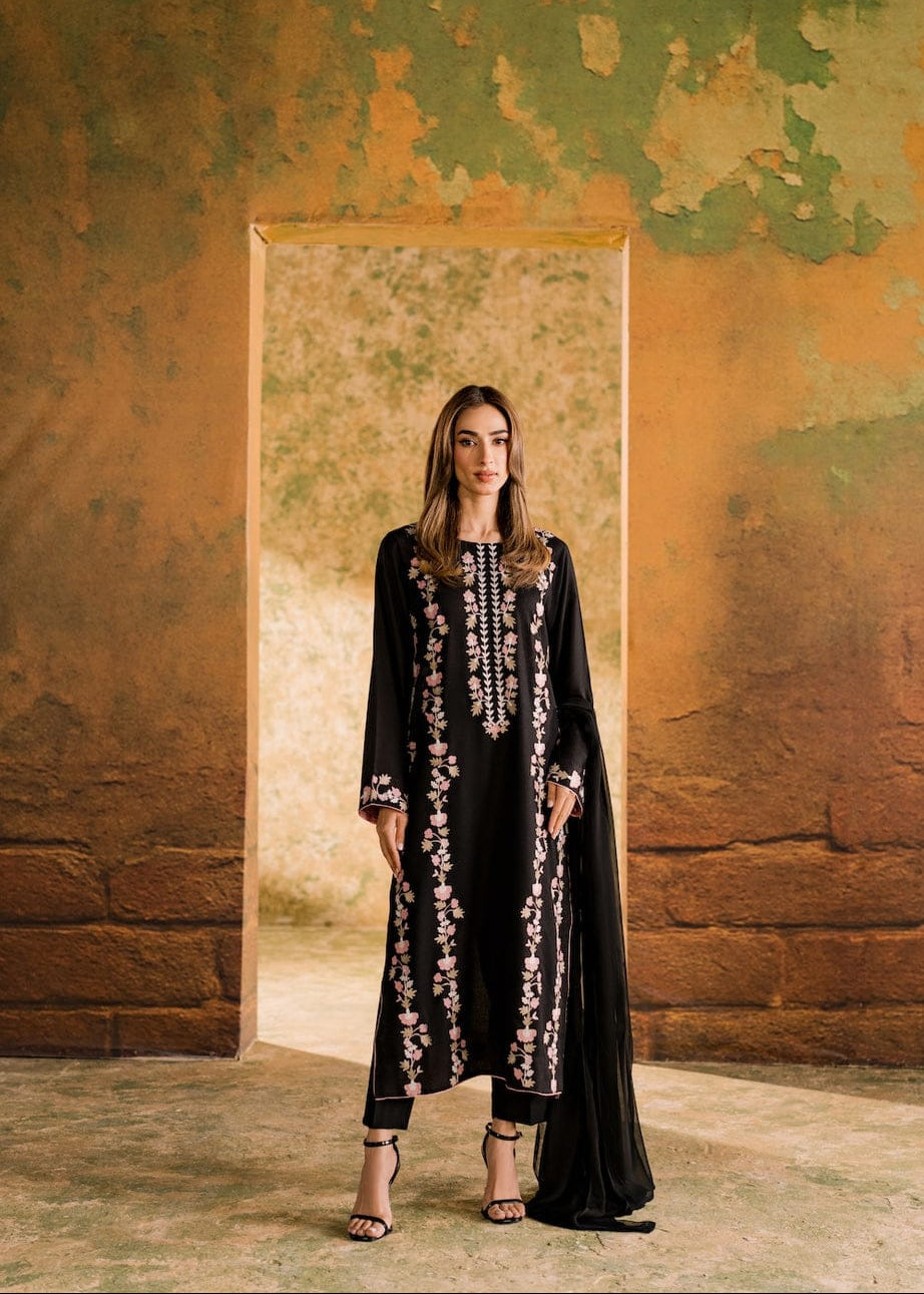 Dark Rose Black Embroidered 3 pc