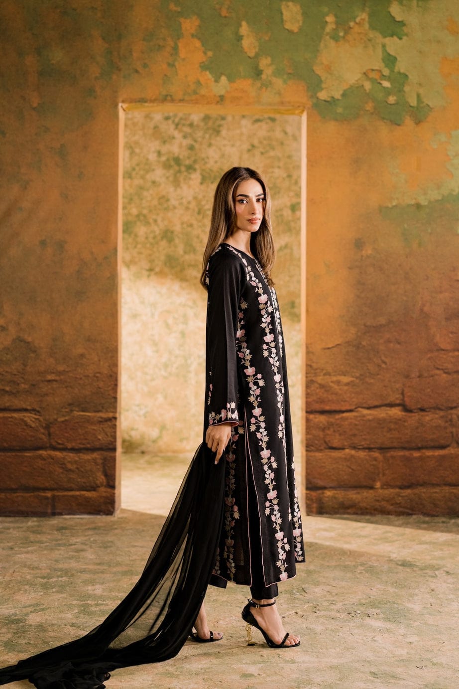 Dark Rose Black Embroidered 3 pc
