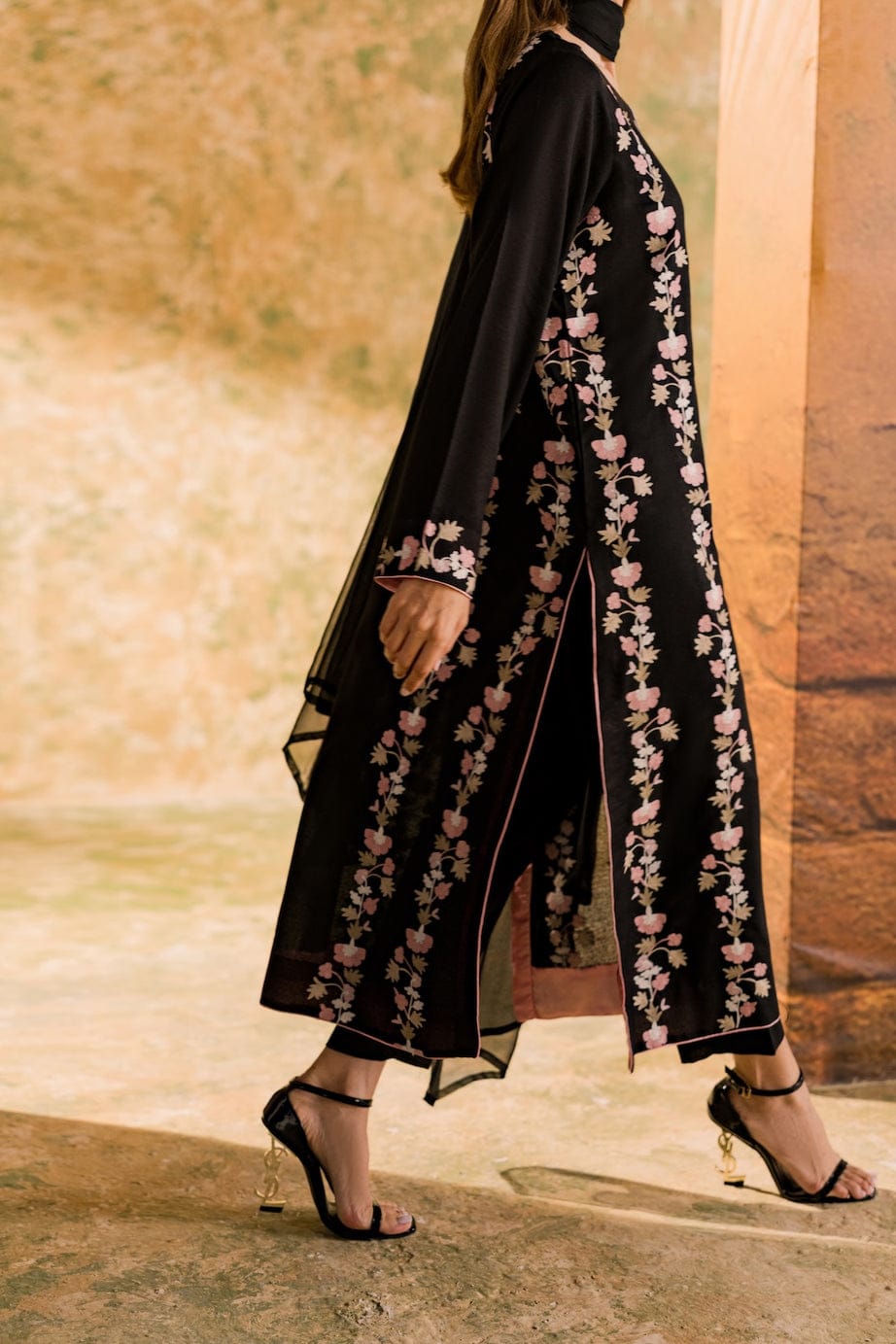 Dark Rose Black Embroidered 3 pc