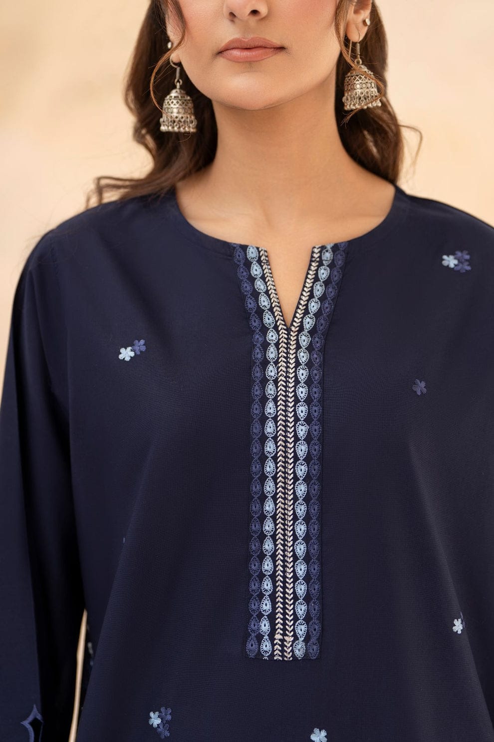 Deep navy blue  Embroidered 3-Pc (Short Shirt & Farshi Shalwar)