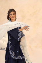 Deep navy blue  Embroidered 3-Pc (Short Shirt & Farshi Shalwar)