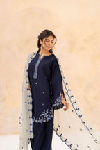 Deep navy blue  Embroidered 3-Pc (Short Shirt & Farshi Shalwar)
