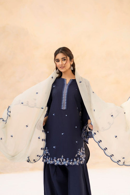 Deep navy blue  Embroidered 3-Pc (Short Shirt & Farshi Shalwar)