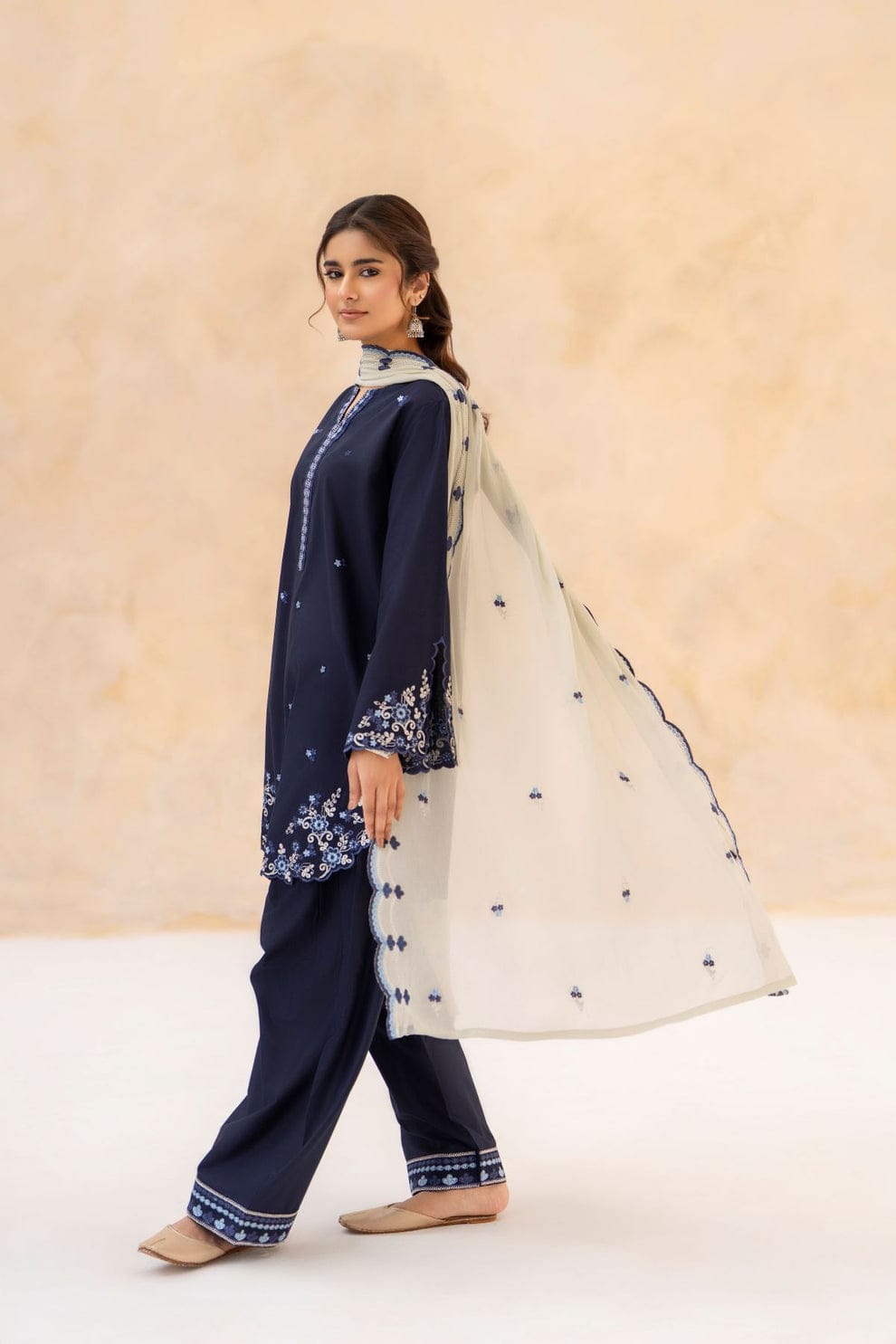 Deep navy blue  Embroidered 3-Pc (Short Shirt & Farshi Shalwar)