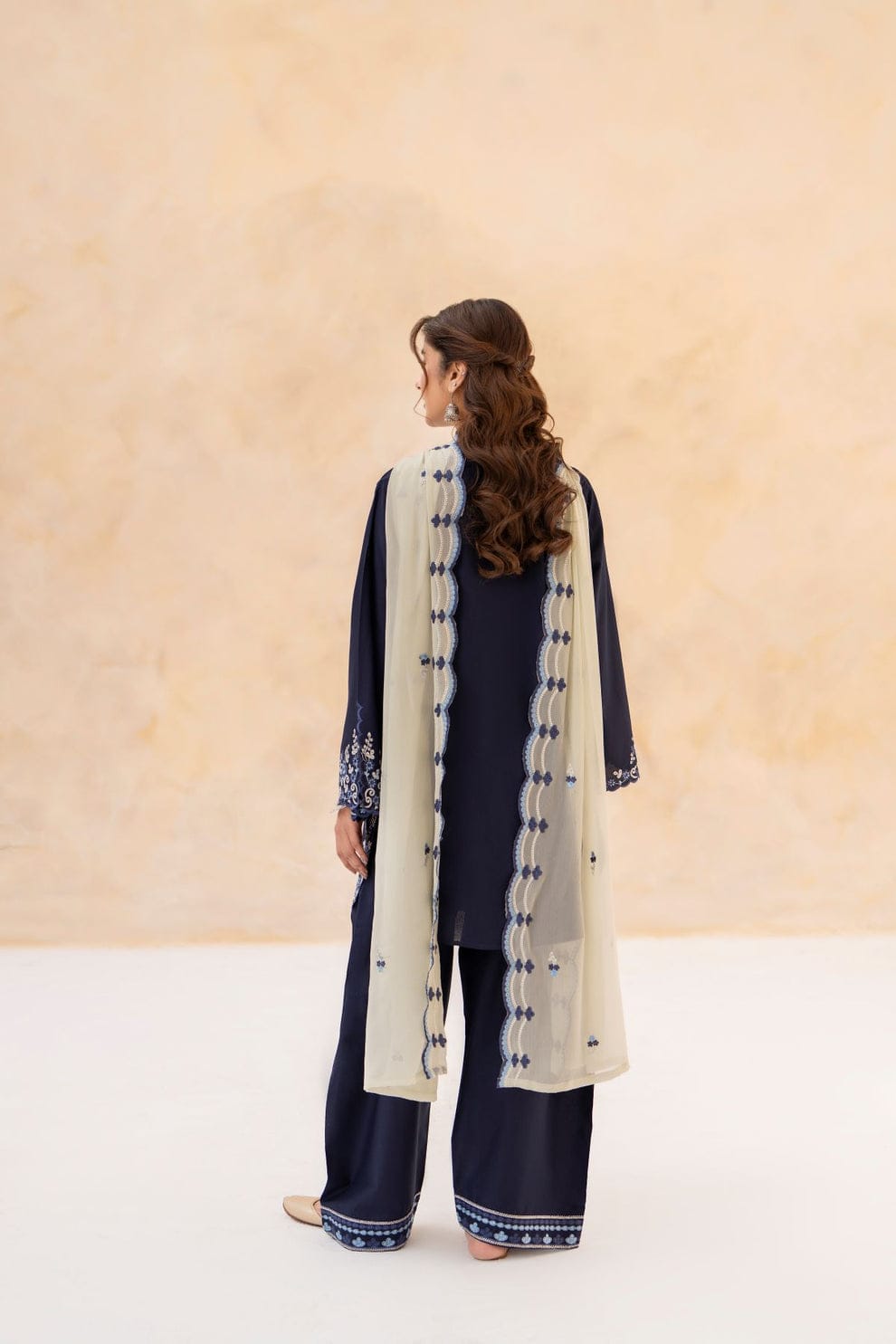 Deep navy blue  Embroidered 3-Pc (Short Shirt & Farshi Shalwar)