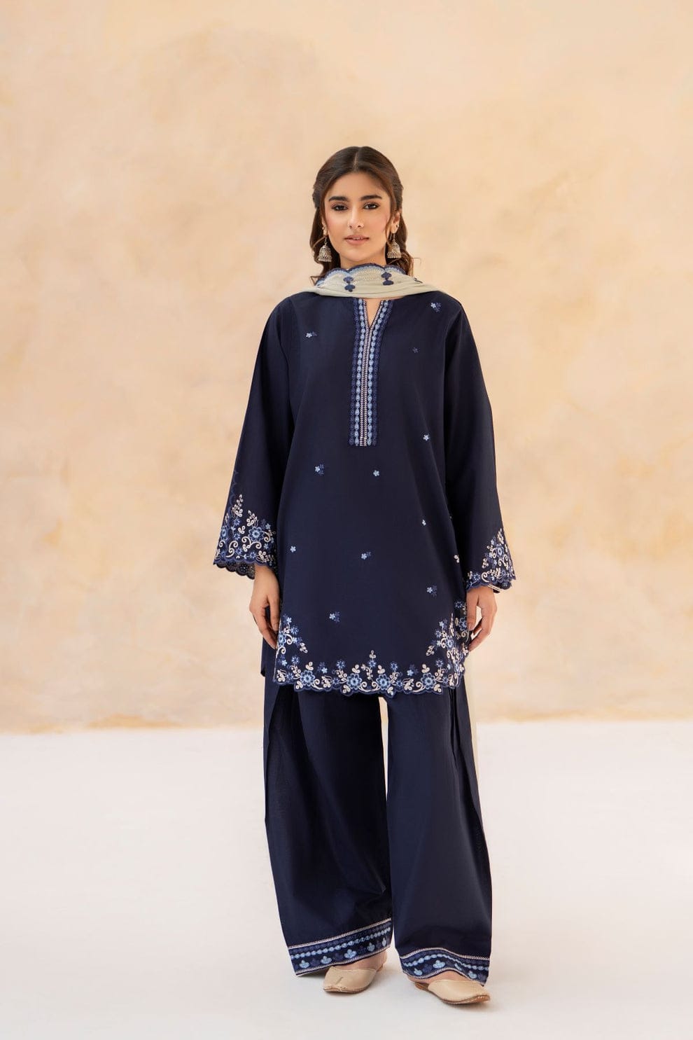 Deep navy blue  Embroidered 3-Pc (Short Shirt & Farshi Shalwar)