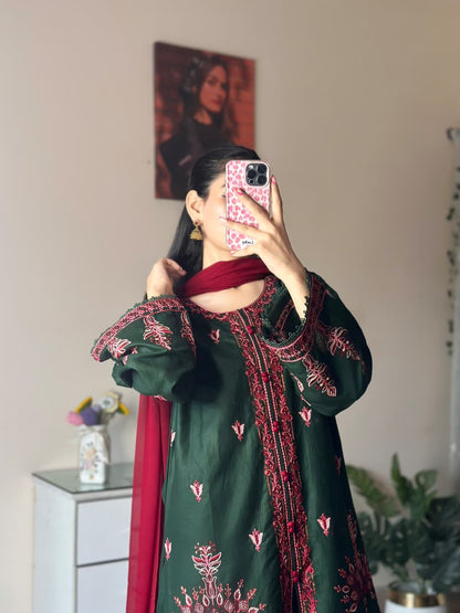 Green Embroidered 3-Piece