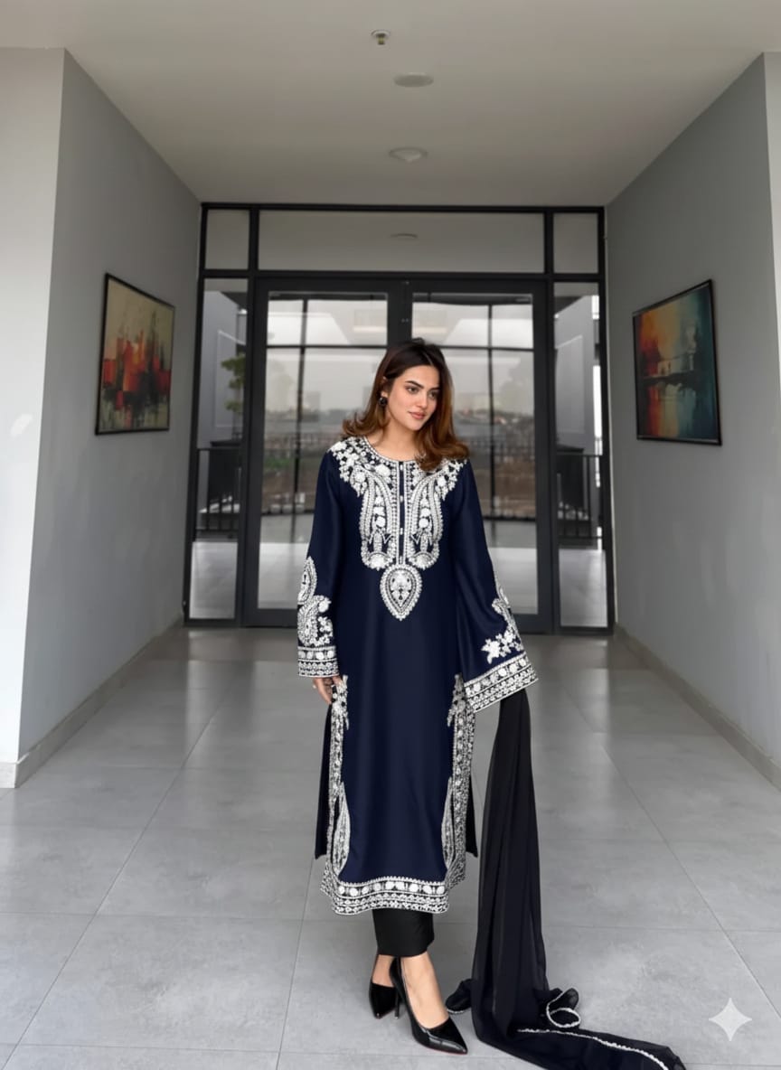 Aarzoo Blue   Embroidered 3 pc