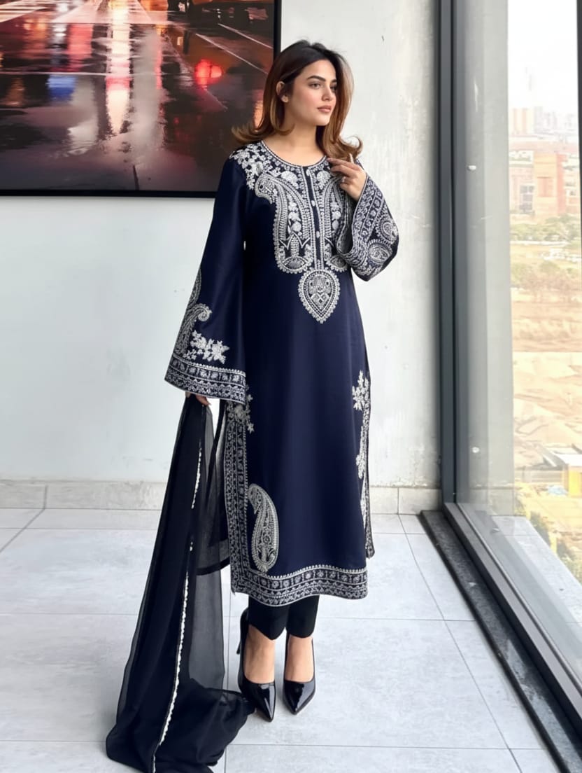 Aarzoo Blue   Embroidered 3 pc