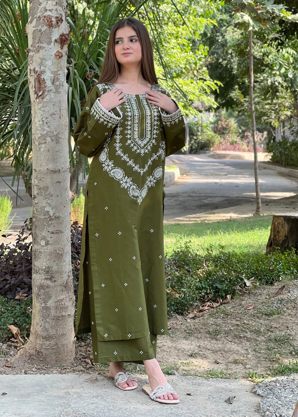 Avocado Green Embroidered   2PC