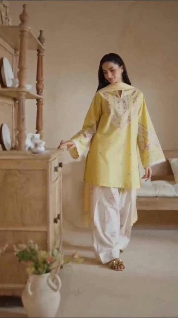Sadaf Cream  Embroidered  3 pc (Short Shirt with Farshi Shalwar)